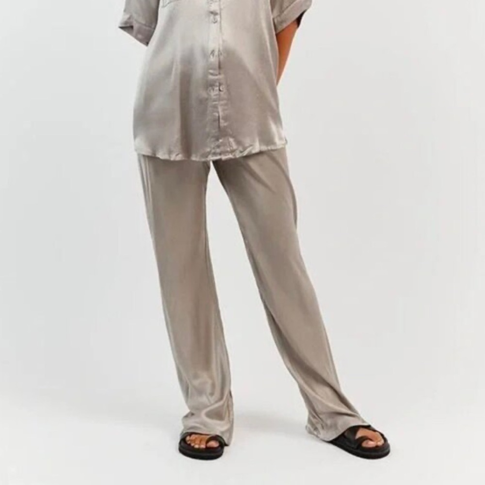DISSH Satin Wide Leg Pants in Taupe